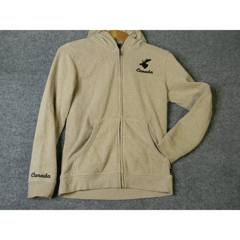 Canadiana Canada Hoodie Youth L/G 10-12 Beige Full Zip Moose Fleece Lined